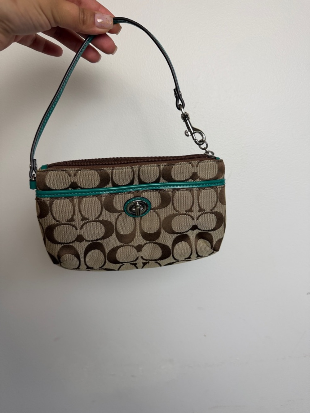 Coach Signature Canvas Wristlet in Tan with Teal Trim and Black Strap